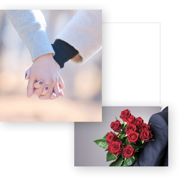 冬のデートで手を繋ぐカップル・クリスマスプロポーズに贈るバラの花束を持つ男性