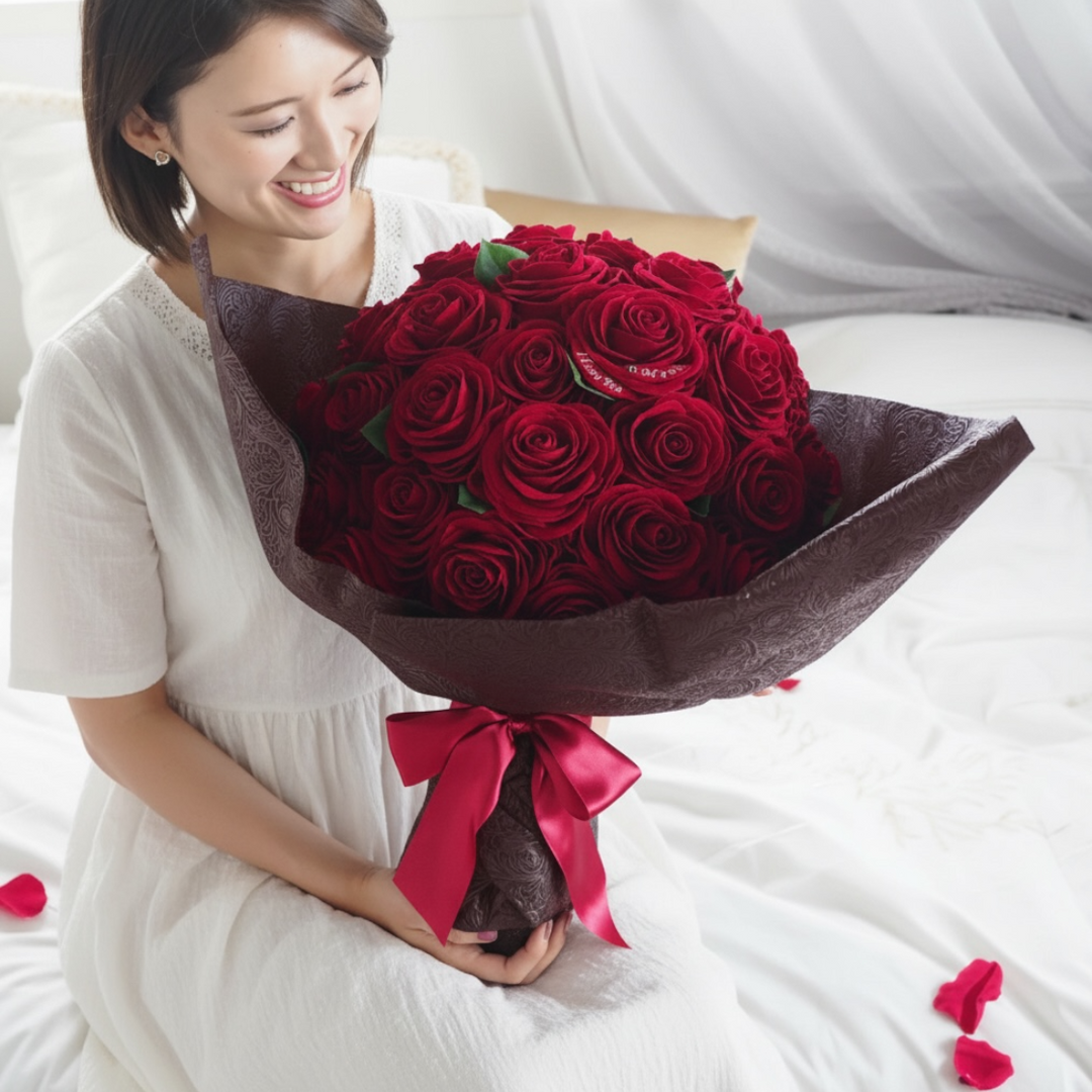 抱えきれないほど大きな50本の枯れない赤バラ花束は、特別な日のプレゼントにオススメです