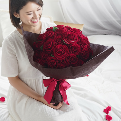 抱えきれないほど大きな50本の枯れない赤バラ花束は、特別な日のプレゼントにオススメです