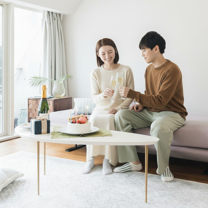 部屋で誕生日のお祝いをする男女カップル。