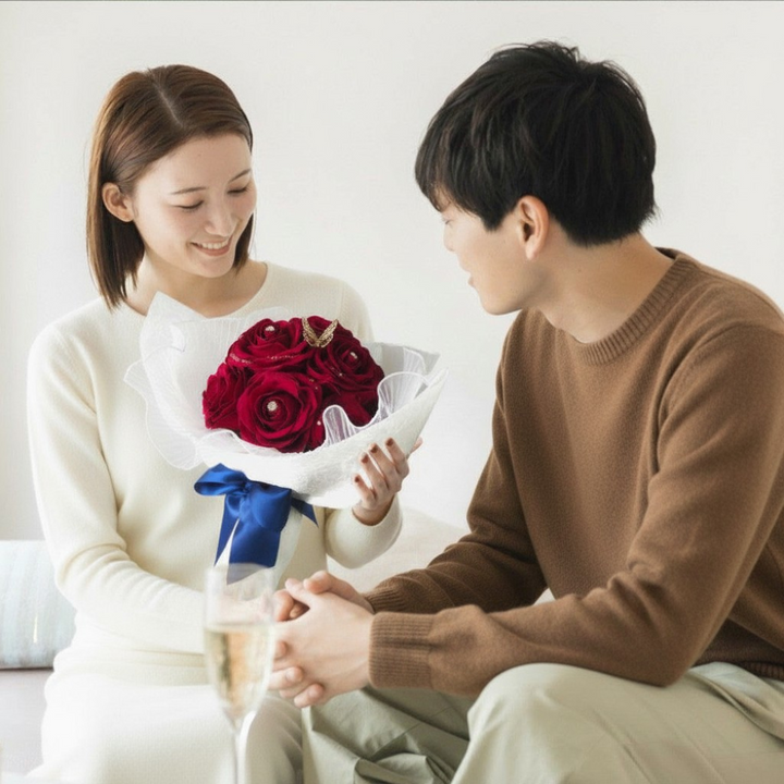 サプライズで真っ赤なバラの花束を受け取る女性。生花のようにバラの香りがするサプライズ演出が、ずっと枯れないアートフラワーで叶います。