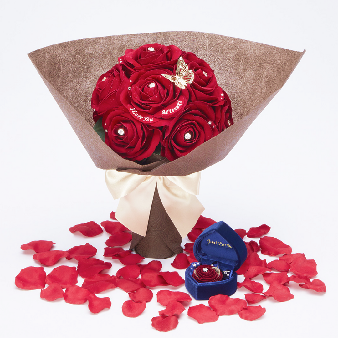 《プロポーズセット人気No.1》12本の赤バラ花束とプロポーズボックス(ネイビー)