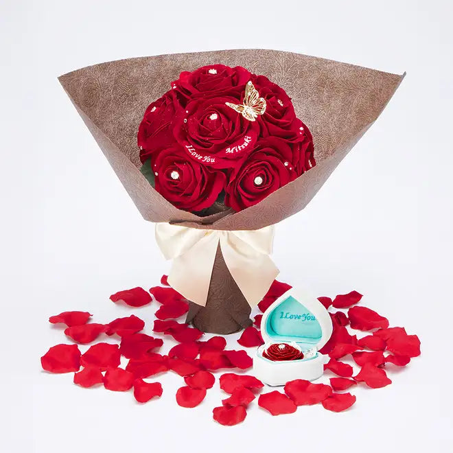 《プロポーズセット》12本の赤バラ花束とプロポーズボックス　ブルー(赤バラ)